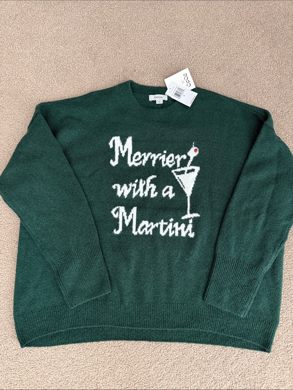 CeCe Green 'Merrier with a Martini' Sweater with White Accent NWT